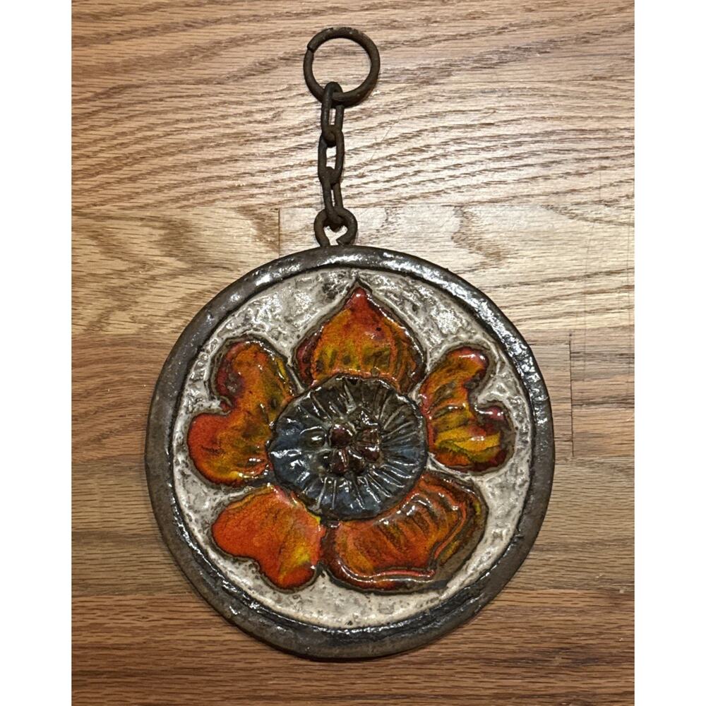 Vintage RUSCHA KERAMIK Flower Decor Pottery Wall Plate On Chain 1970s 7”